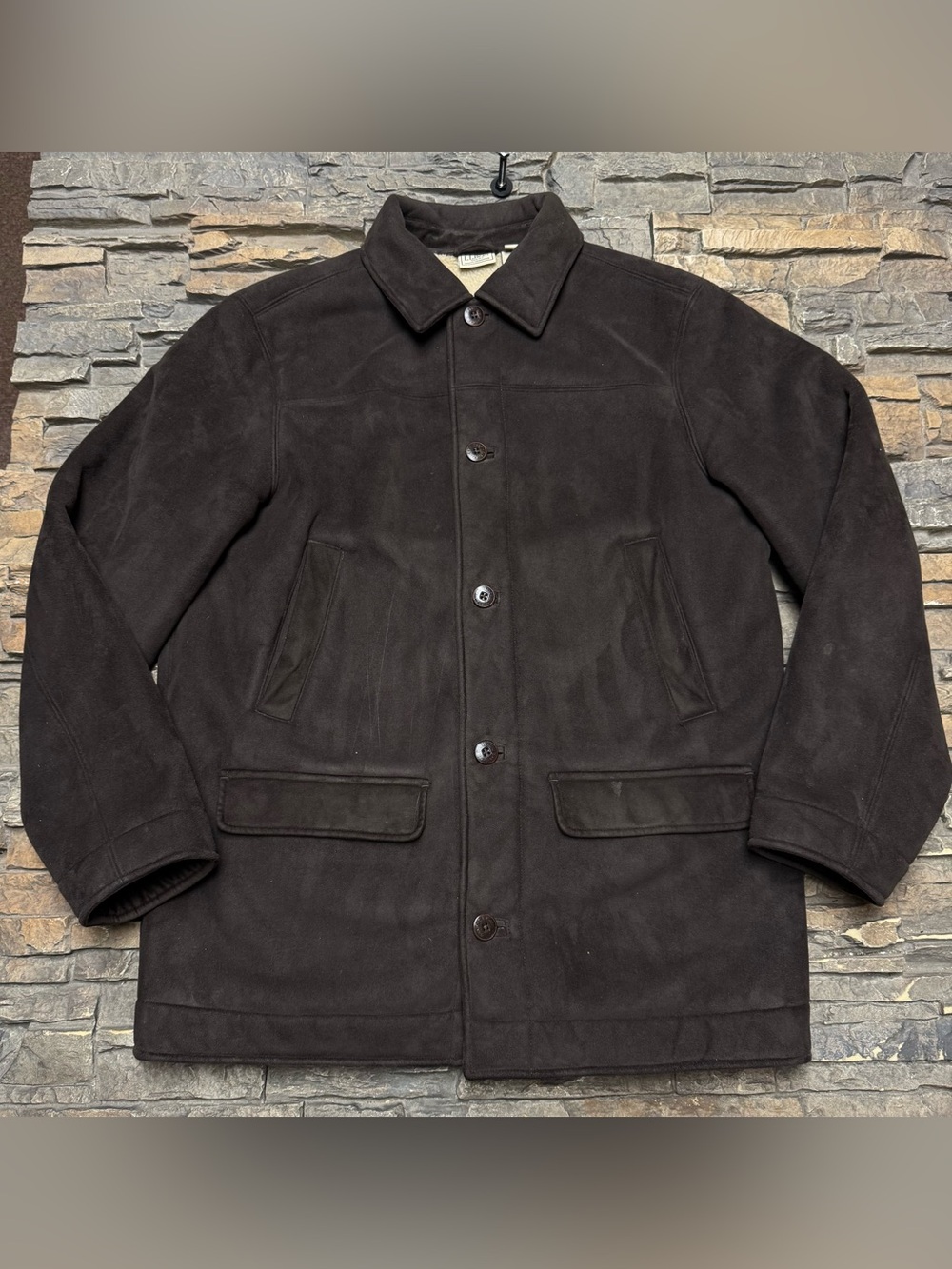 LL Bean Brown Suede Leather Chore Coat Field Jacket Mens Large Lined Button Down